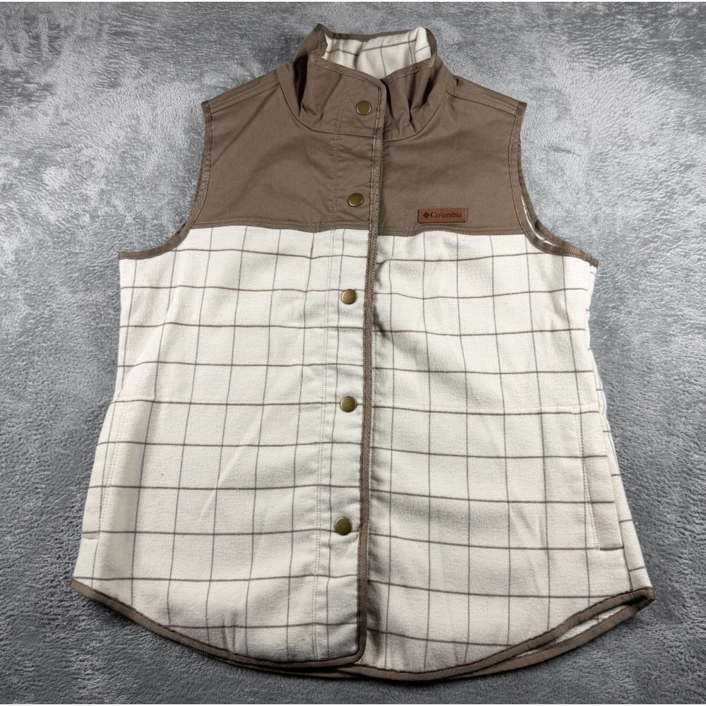 Columbia Fleece Vest Womens Large Cream Brown Windowpane Plaid Snap Front